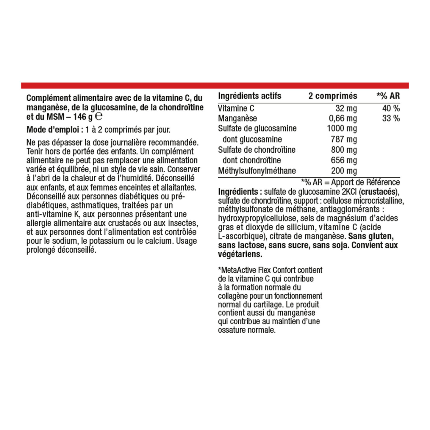MetaActive Flex Confort 90 comprimés – Ingrédients