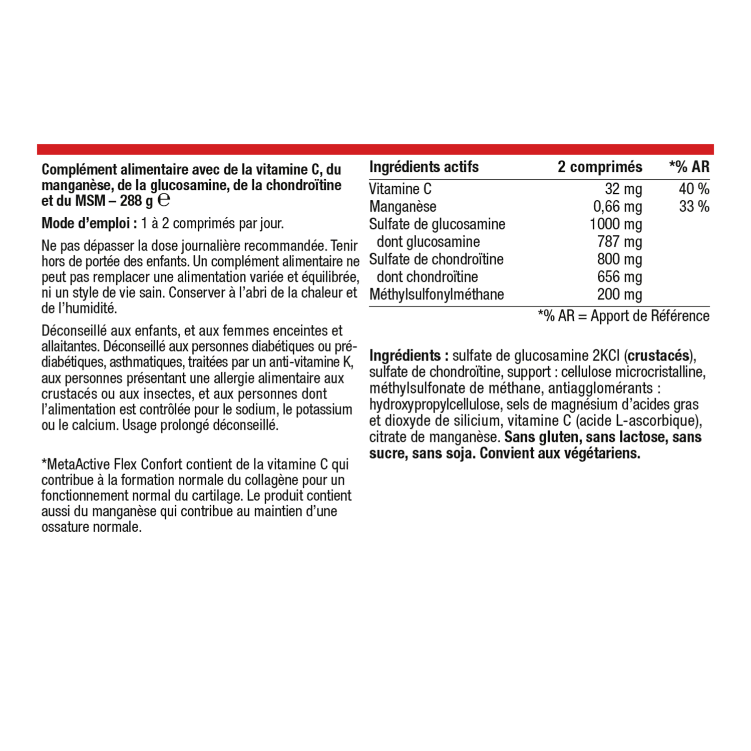 MetaActive Flex Confort 180 comprimés – Ingrédients