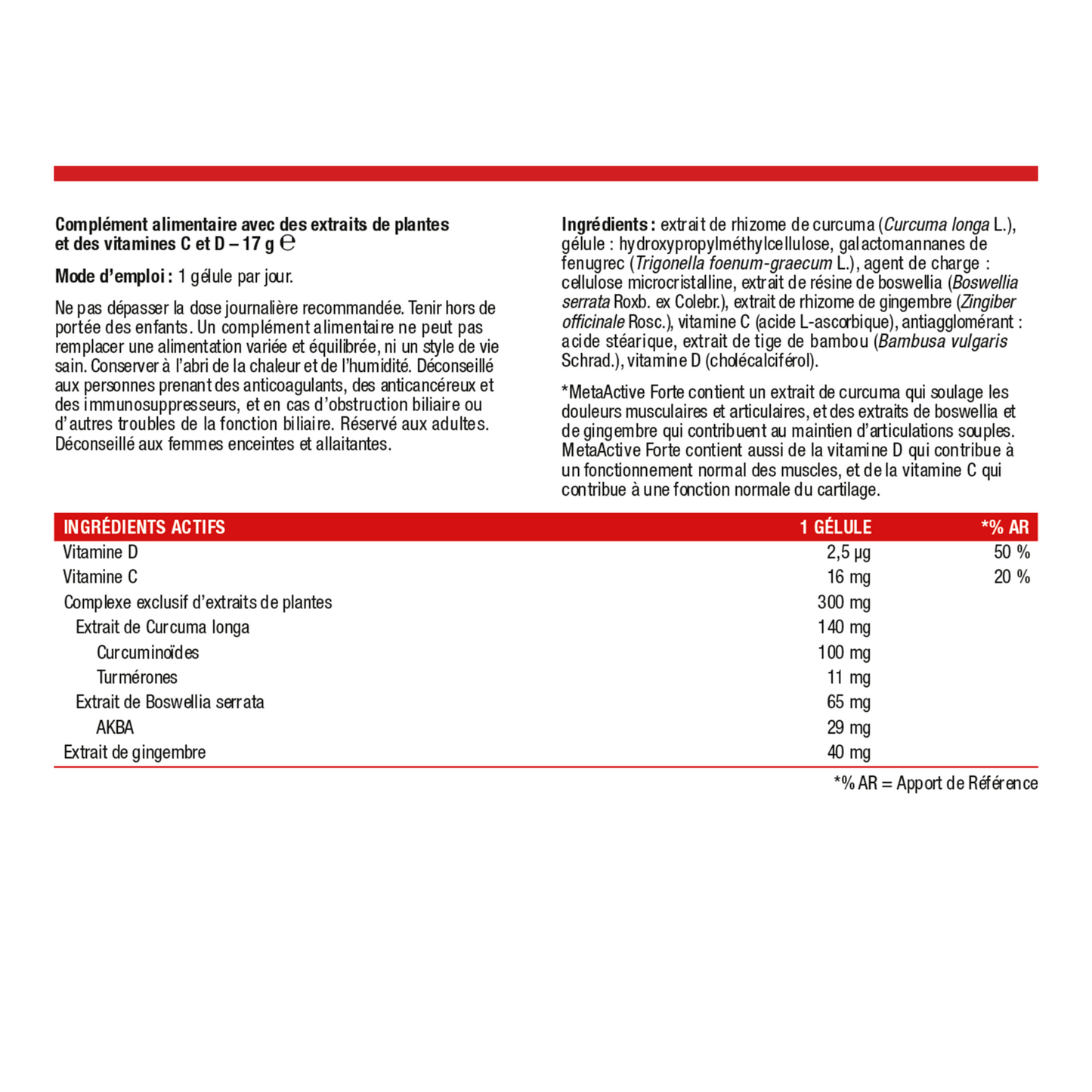 MetaActive Forte 30 gélules – Ingrédients