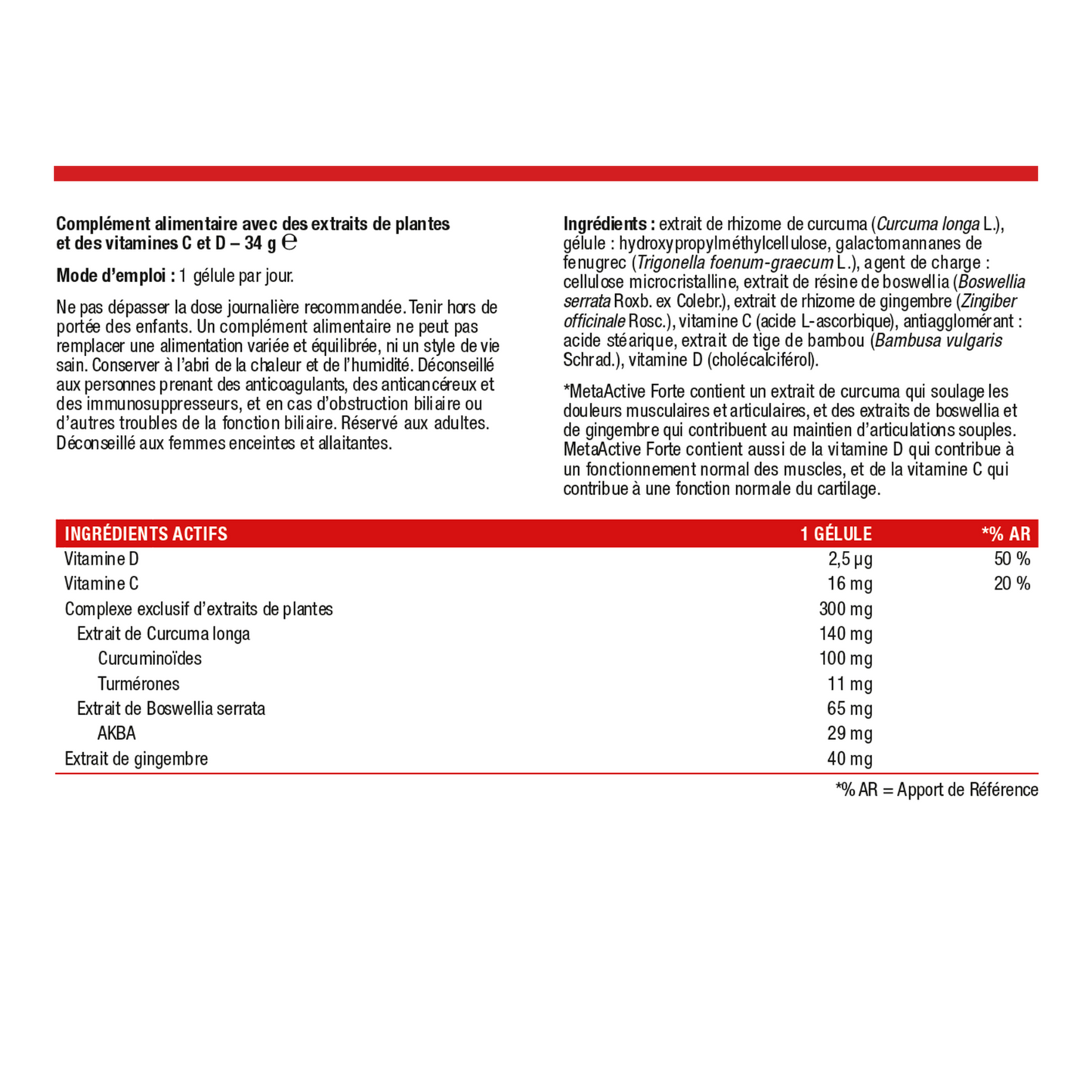MetaActive Forte 60 gélules – Ingrédients