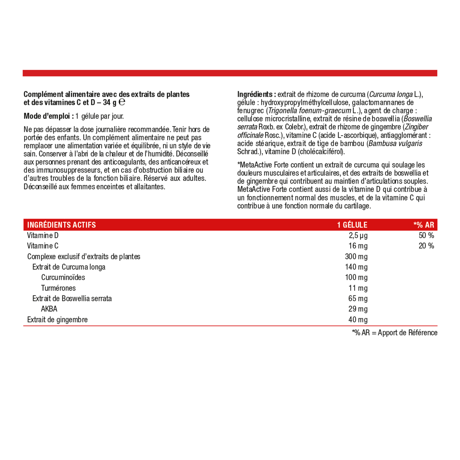MetaActive Forte 60 gélules – Ingrédients